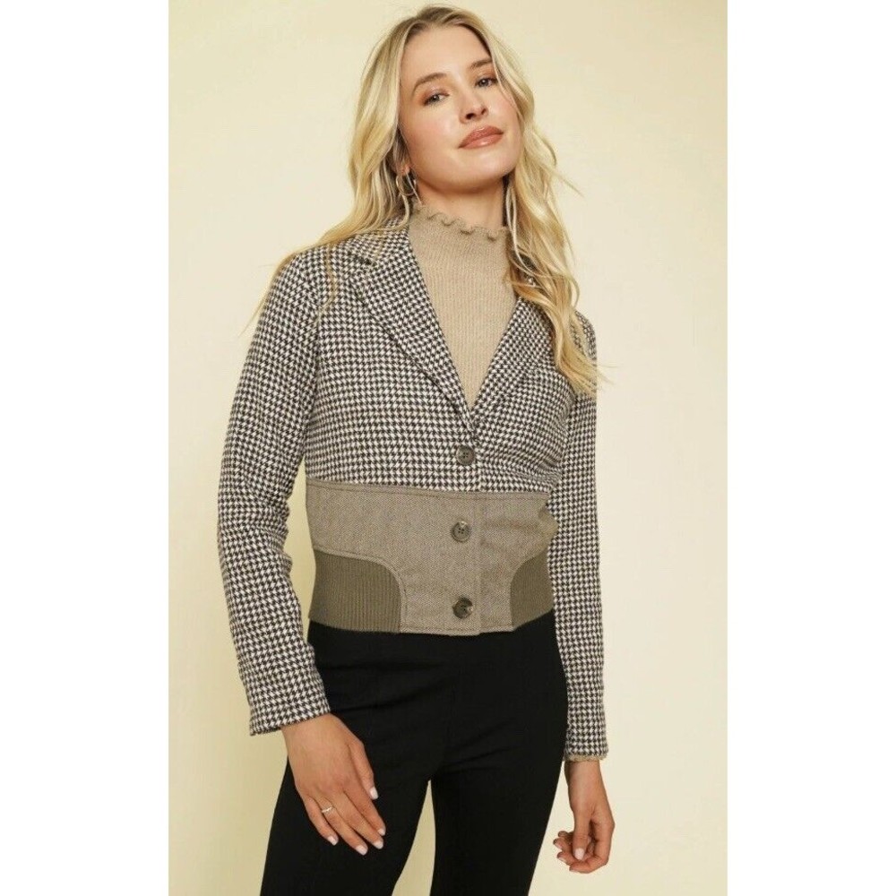Mystree Wool Blend Houndstooth Shimmer Brown Cropped Boxy Jacket Sz L NWOT